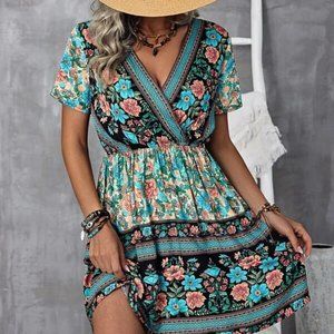 Boho Floral Multi color Surplice Neck Mini Dress